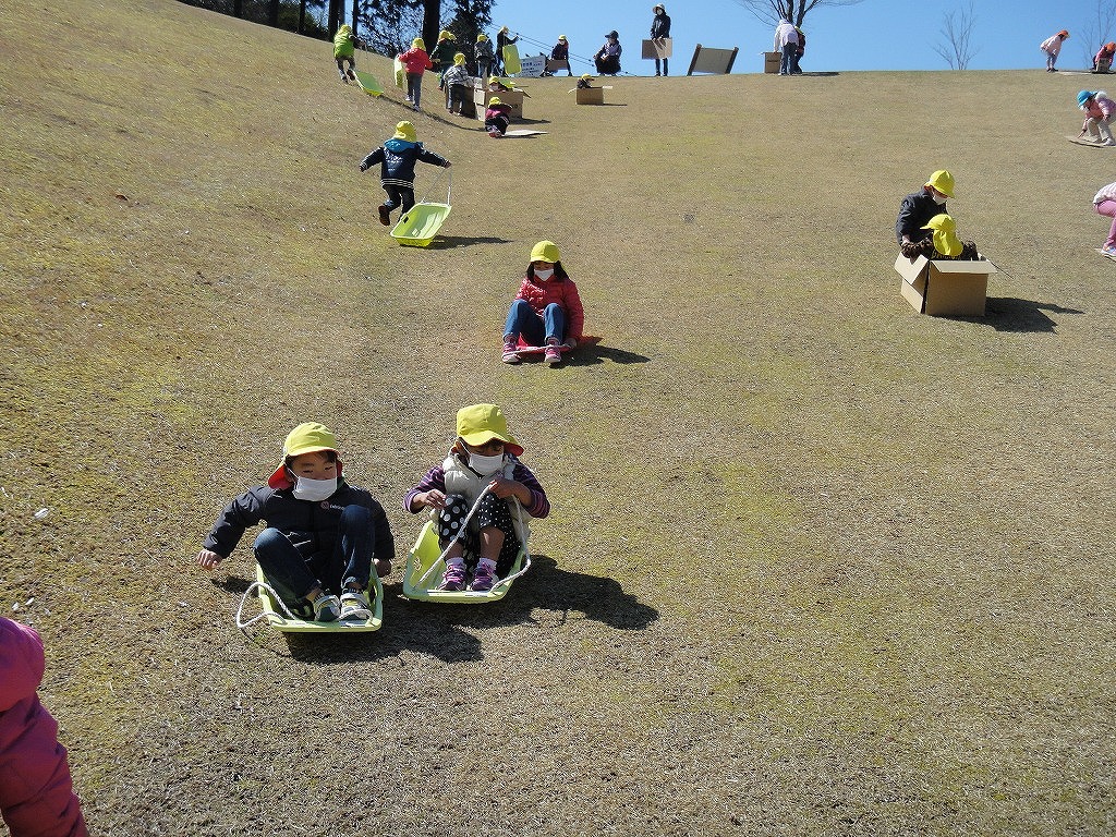 草スキーを楽しむ園児たちの写真