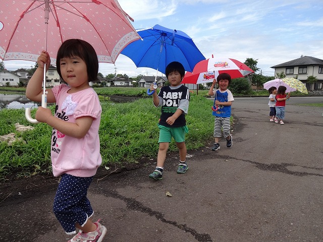 傘をさして歩く園児たちの写真